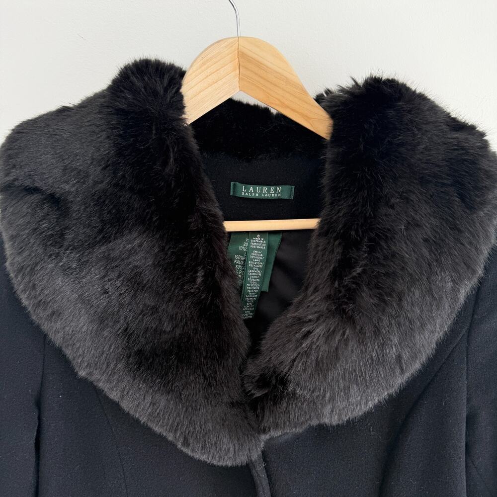 Ralph Lauren Coat Women 8 Black Wool Cashmere Blend Quiet Luxury Faux Fur Collar - Picture 5 of 9